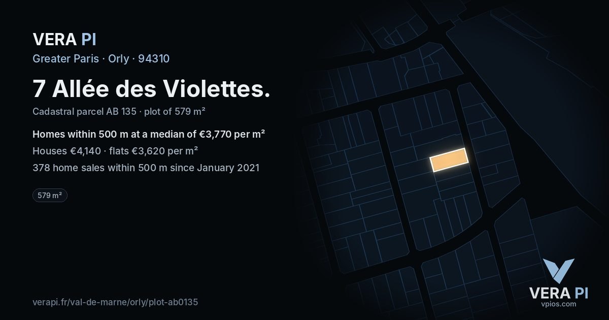 7 Allée des Violettes, Orly at night – the plot lit, the parcels around coloured by the prices near them
