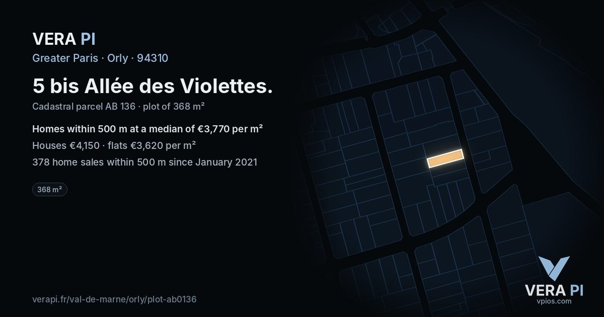 5 bis Allée des Violettes, Orly at night – the plot lit, the parcels around coloured by the prices near them