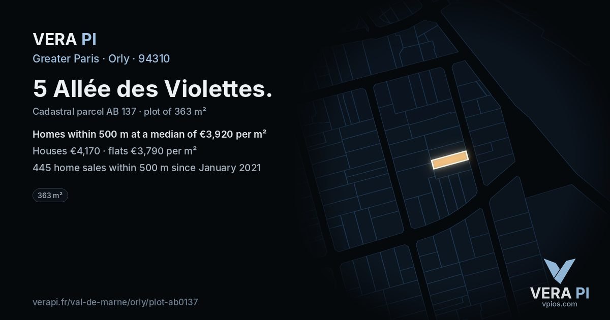 5 Allée des Violettes, Orly at night – the plot lit, the parcels around coloured by the prices near them