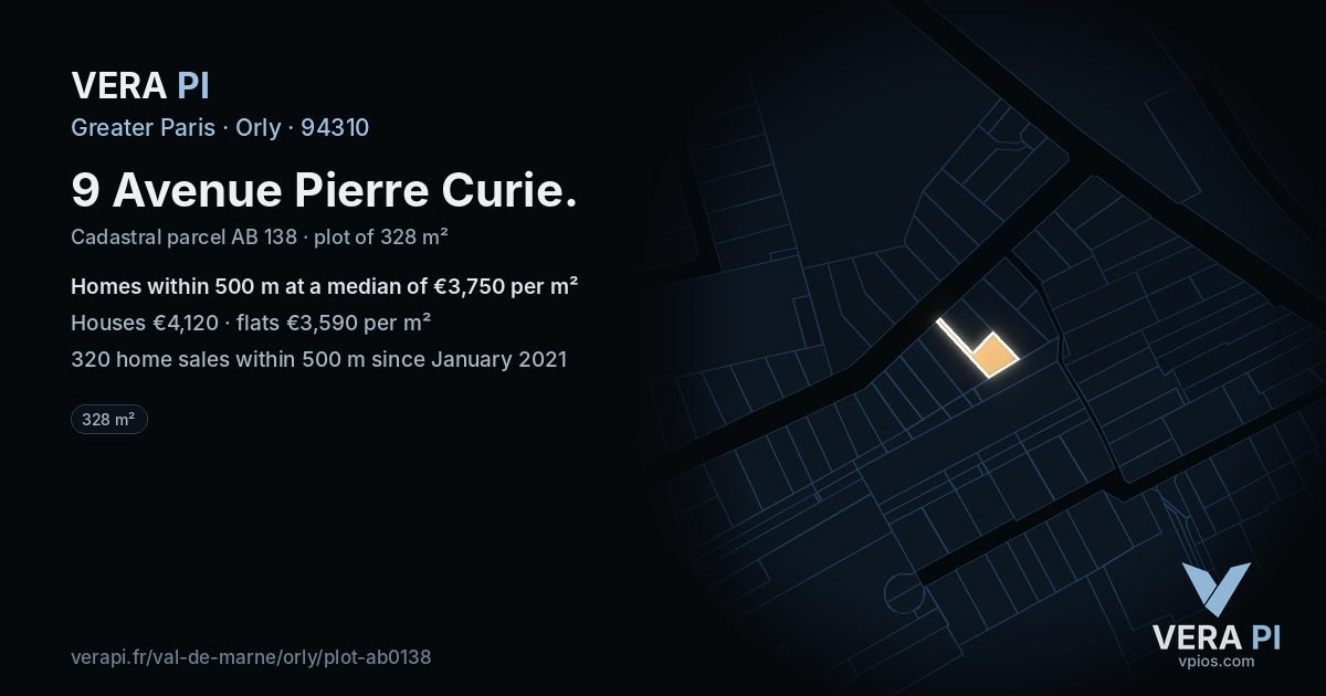 9 Avenue Pierre Curie, Orly at night – the plot lit, the parcels around coloured by the prices near them