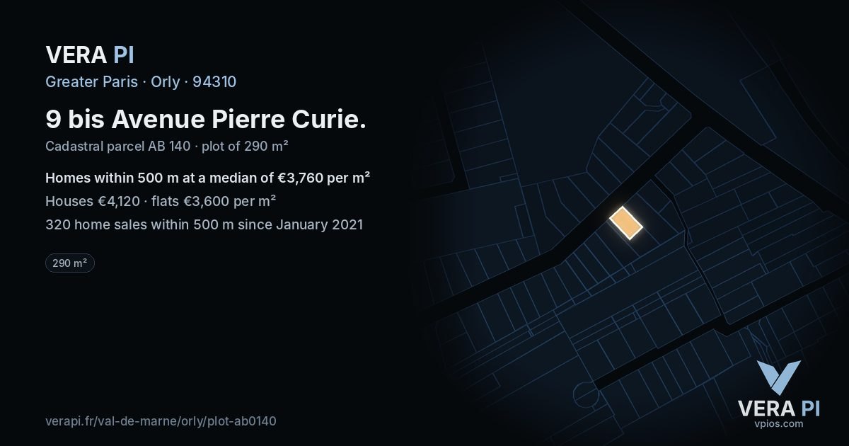 9 bis Avenue Pierre Curie, Orly at night – the plot lit, the parcels around coloured by the prices near them