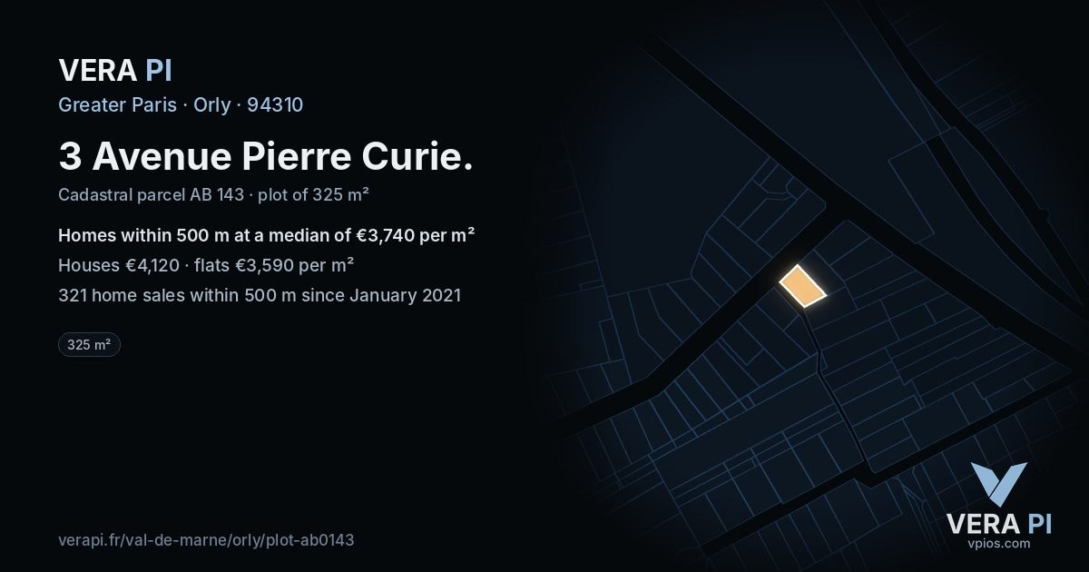3 Avenue Pierre Curie, Orly at night – the plot lit, the parcels around coloured by the prices near them