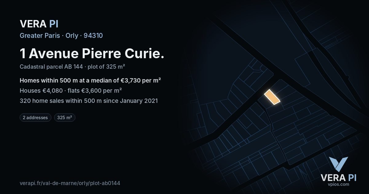 1 Avenue Pierre Curie, Orly at night – the plot lit, the parcels around coloured by the prices near them