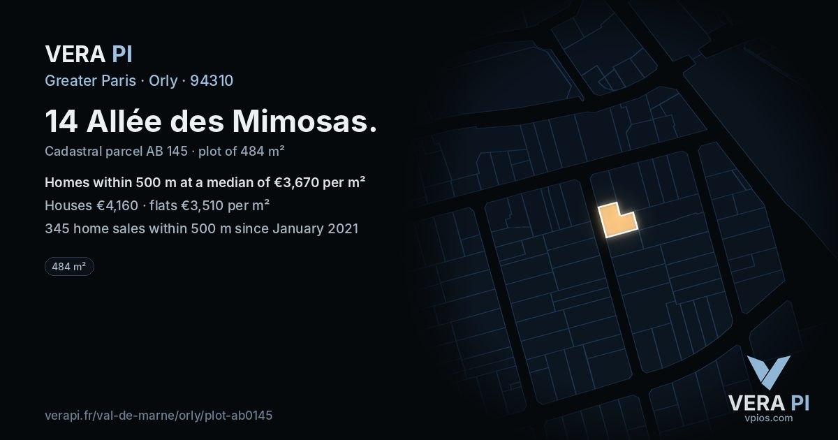 14 Allée des Mimosas, Orly at night – the plot lit, the parcels around coloured by the prices near them