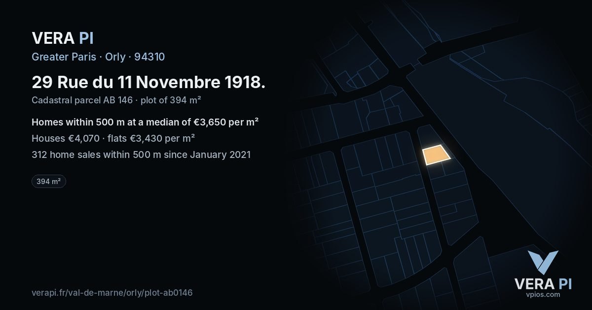 29 Rue du 11 Novembre 1918, Orly at night – the plot lit, the parcels around coloured by the prices near them