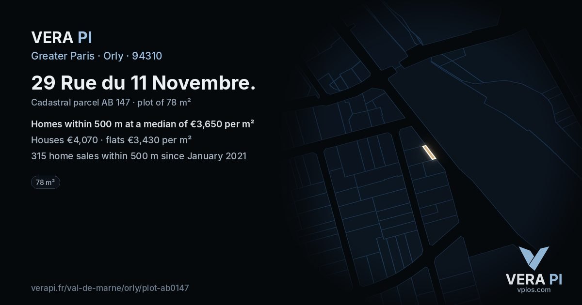 29 Rue du 11 Novembre, Orly at night – the plot lit, the parcels around coloured by the prices near them
