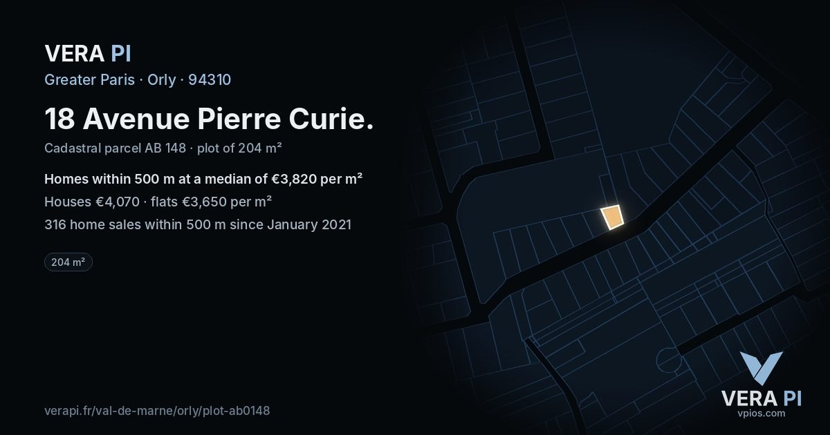 18 Avenue Pierre Curie, Orly at night – the plot lit, the parcels around coloured by the prices near them