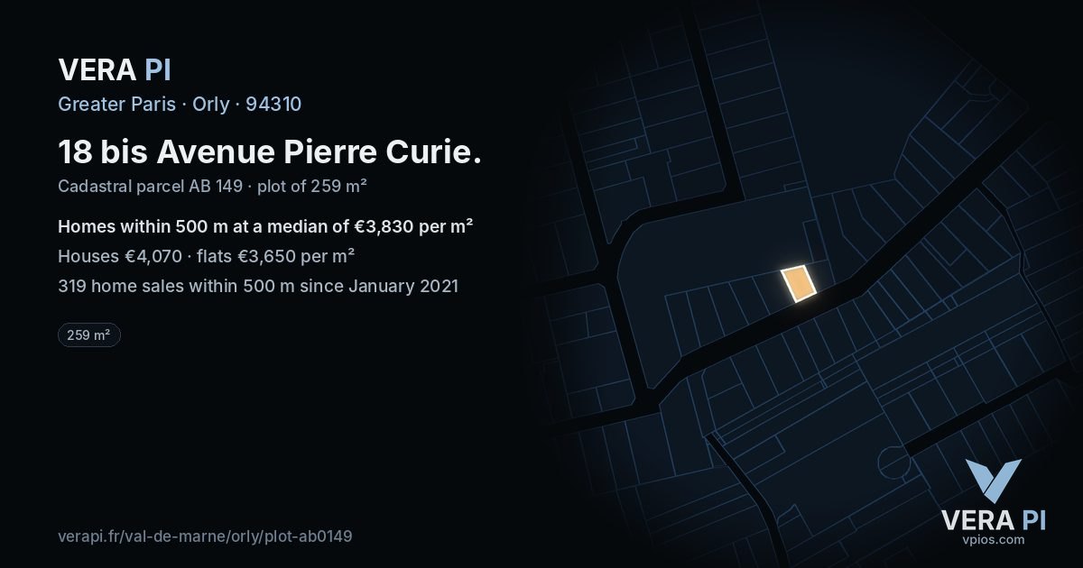 18 bis Avenue Pierre Curie, Orly at night – the plot lit, the parcels around coloured by the prices near them