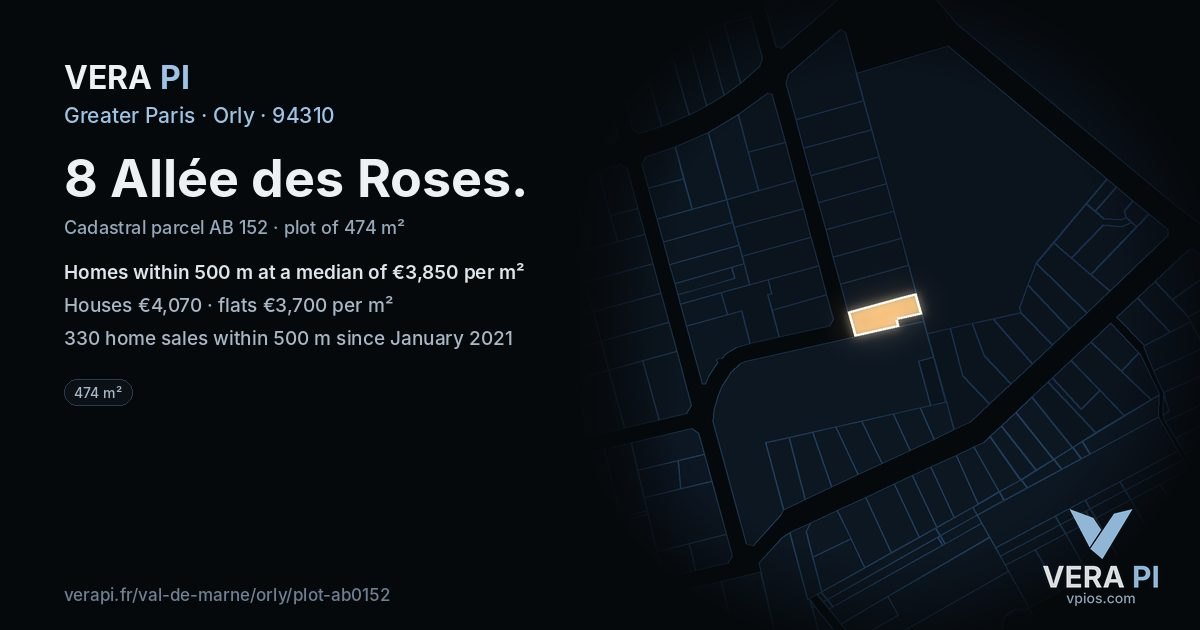 8 Allée des Roses, Orly at night – the plot lit, the parcels around coloured by the prices near them