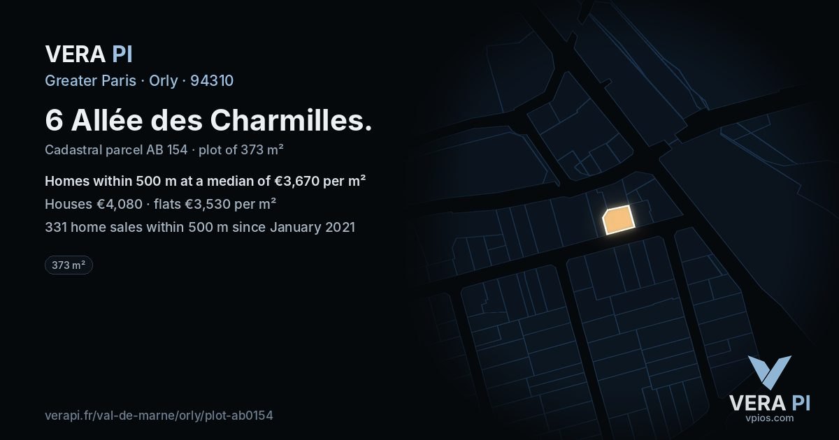 6 Allée des Charmilles, Orly at night – the plot lit, the parcels around coloured by the prices near them