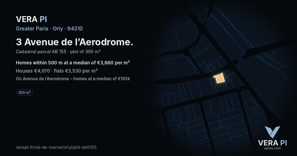 3 Avenue de l’Aerodrome, Orly at night – the plot lit, the parcels around coloured by the prices near them
