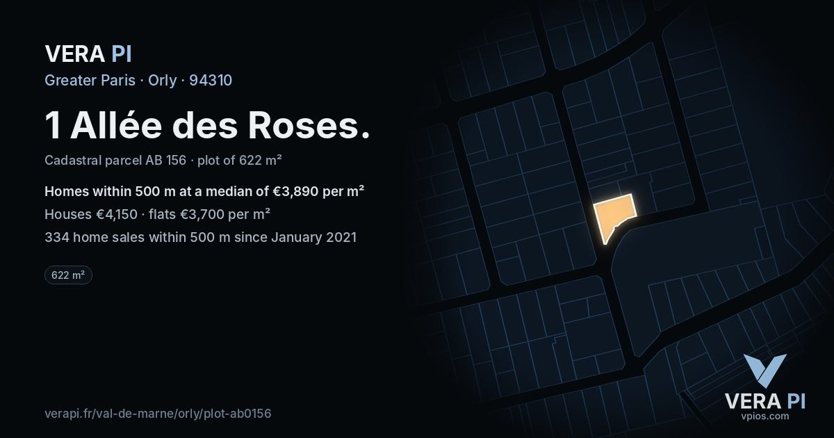 1 Allée des Roses, Orly at night – the plot lit, the parcels around coloured by the prices near them