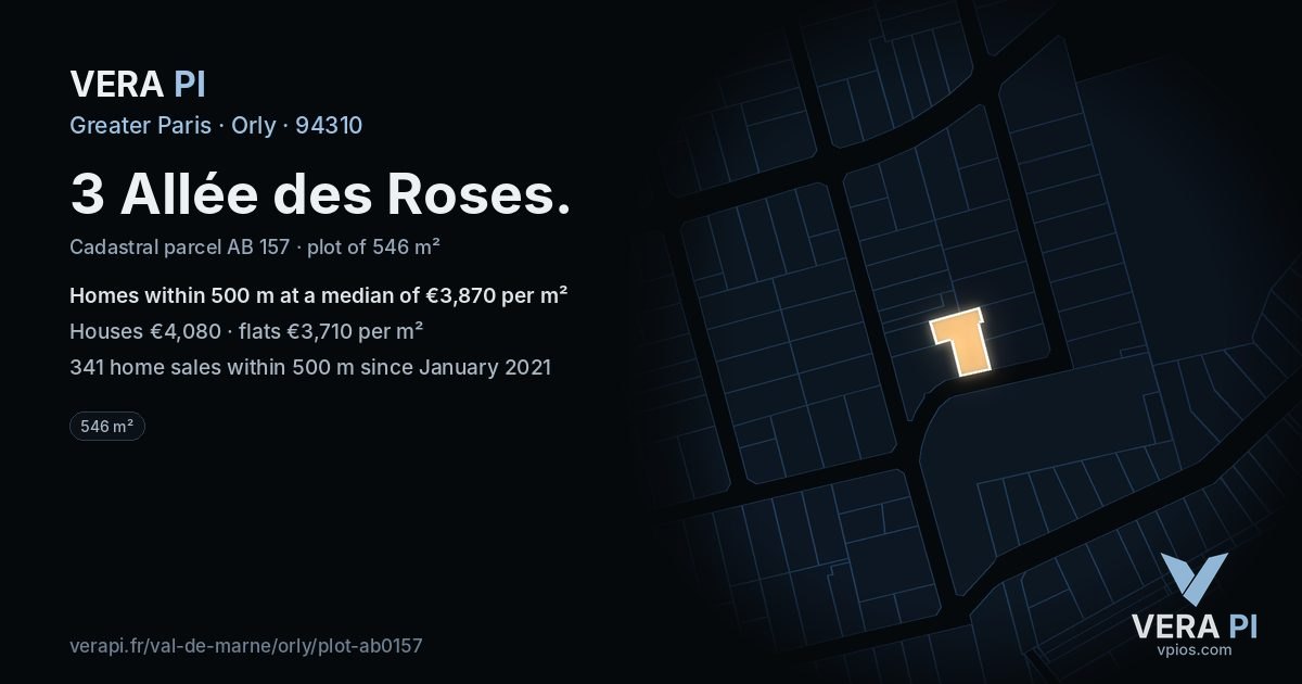 3 Allée des Roses, Orly at night – the plot lit, the parcels around coloured by the prices near them