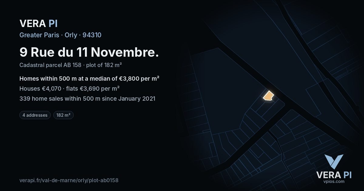 9 Rue du 11 Novembre, Orly at night – the plot lit, the parcels around coloured by the prices near them