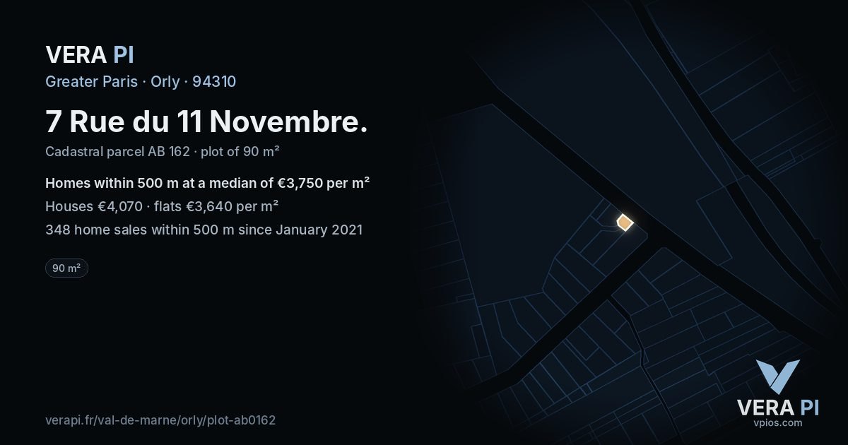 7 Rue du 11 Novembre, Orly at night – the plot lit, the parcels around coloured by the prices near them