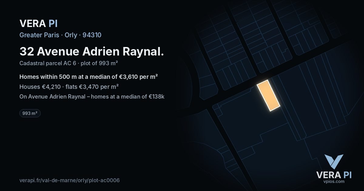 32 Avenue Adrien Raynal, Orly at night – the plot lit, the parcels around coloured by the prices near them