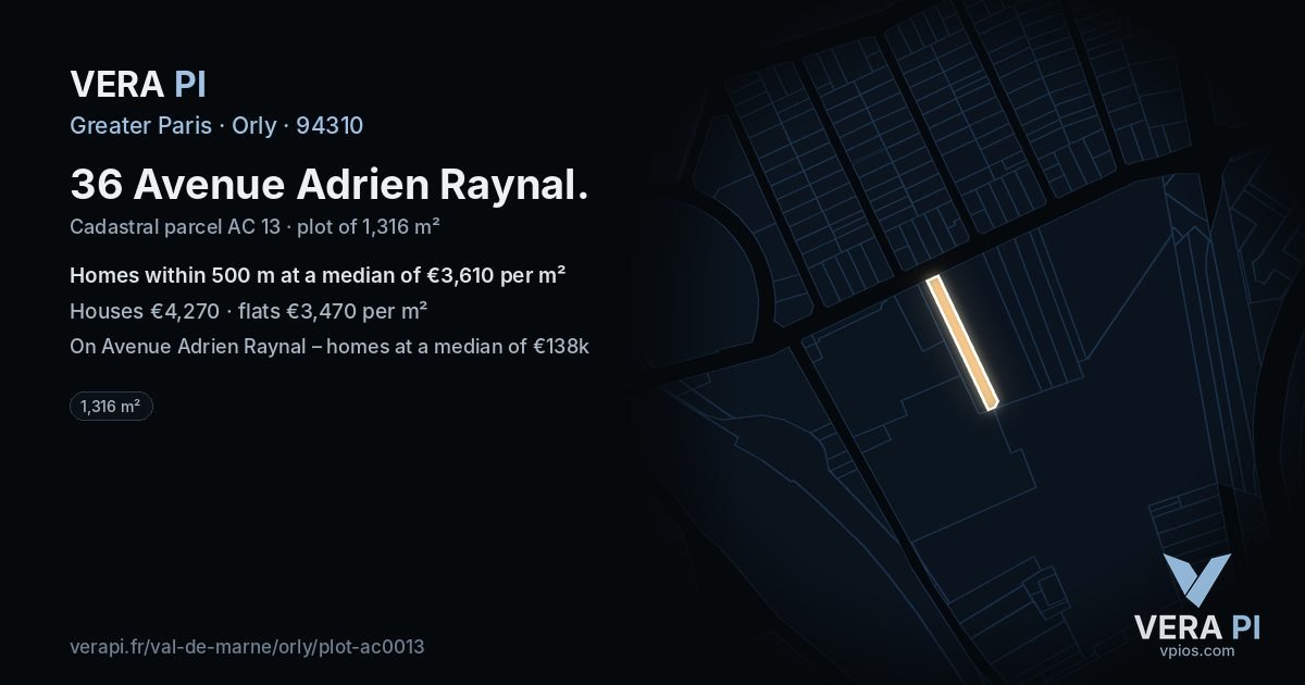 36 Avenue Adrien Raynal, Orly at night – the plot lit, the parcels around coloured by the prices near them