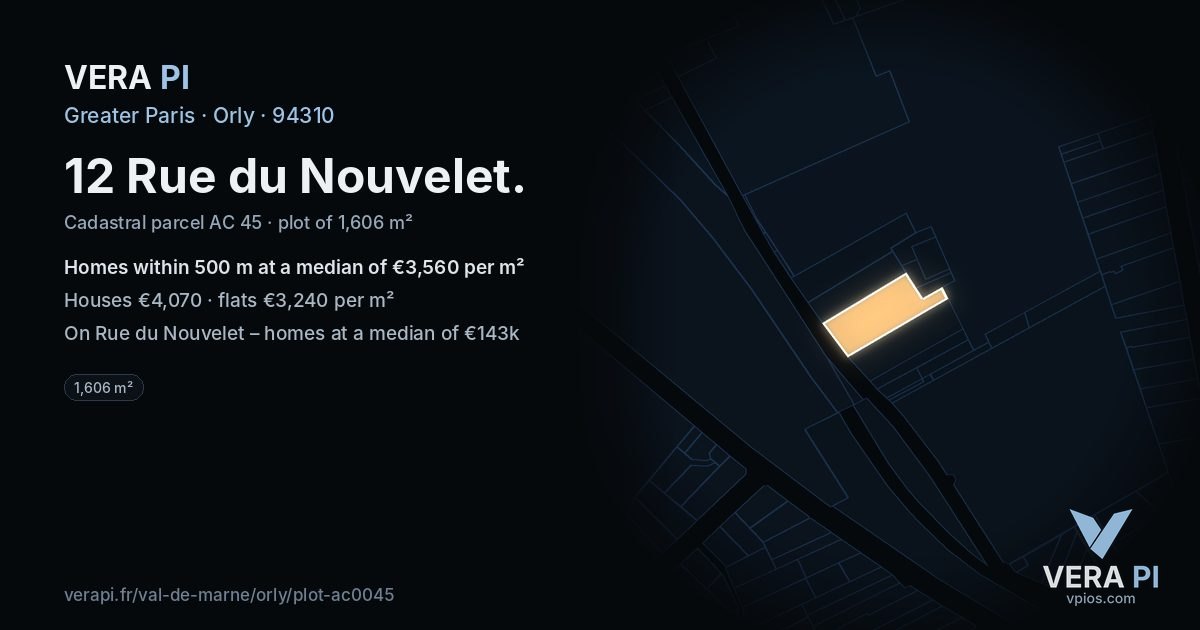 12 Rue du Nouvelet, Orly at night – the plot lit, the parcels around coloured by the prices near them