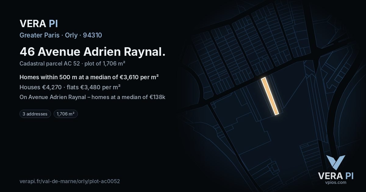 46 Avenue Adrien Raynal, Orly at night – the plot lit, the parcels around coloured by the prices near them