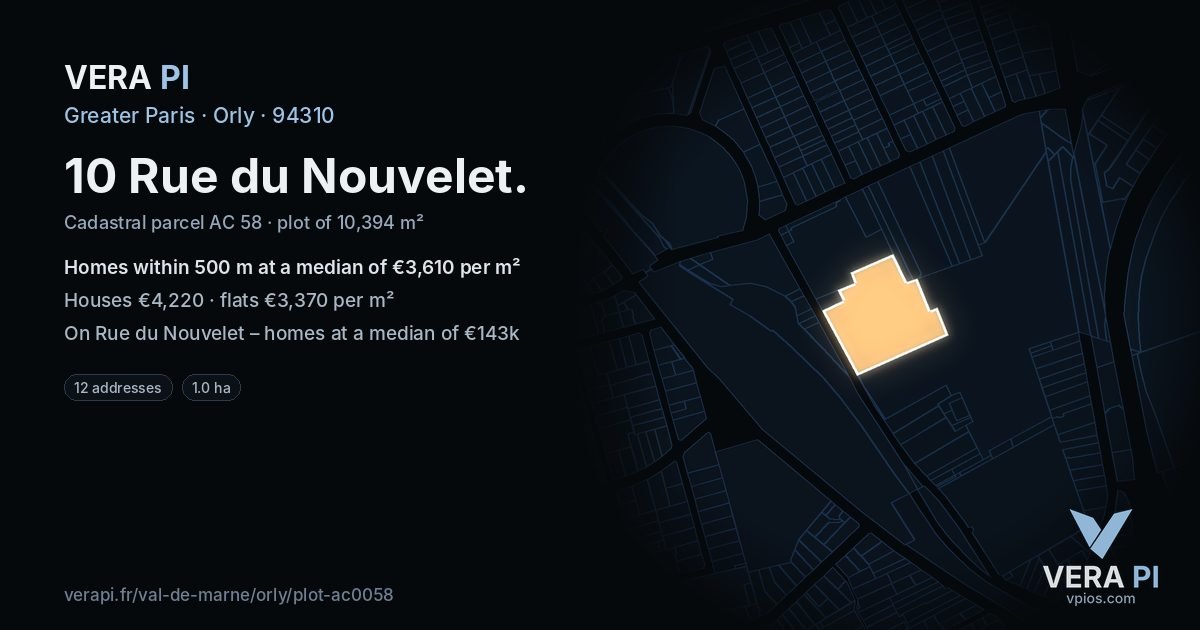 10 Rue du Nouvelet, Orly at night – the plot lit, the parcels around coloured by the prices near them