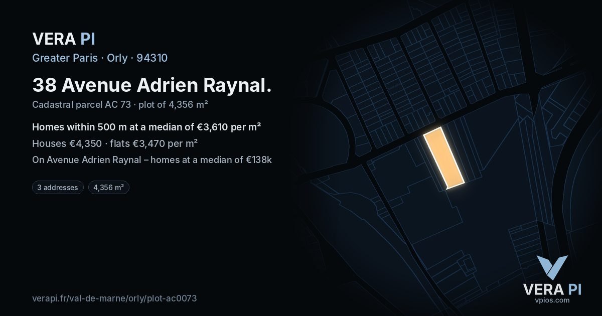 38 Avenue Adrien Raynal, Orly at night – the plot lit, the parcels around coloured by the prices near them