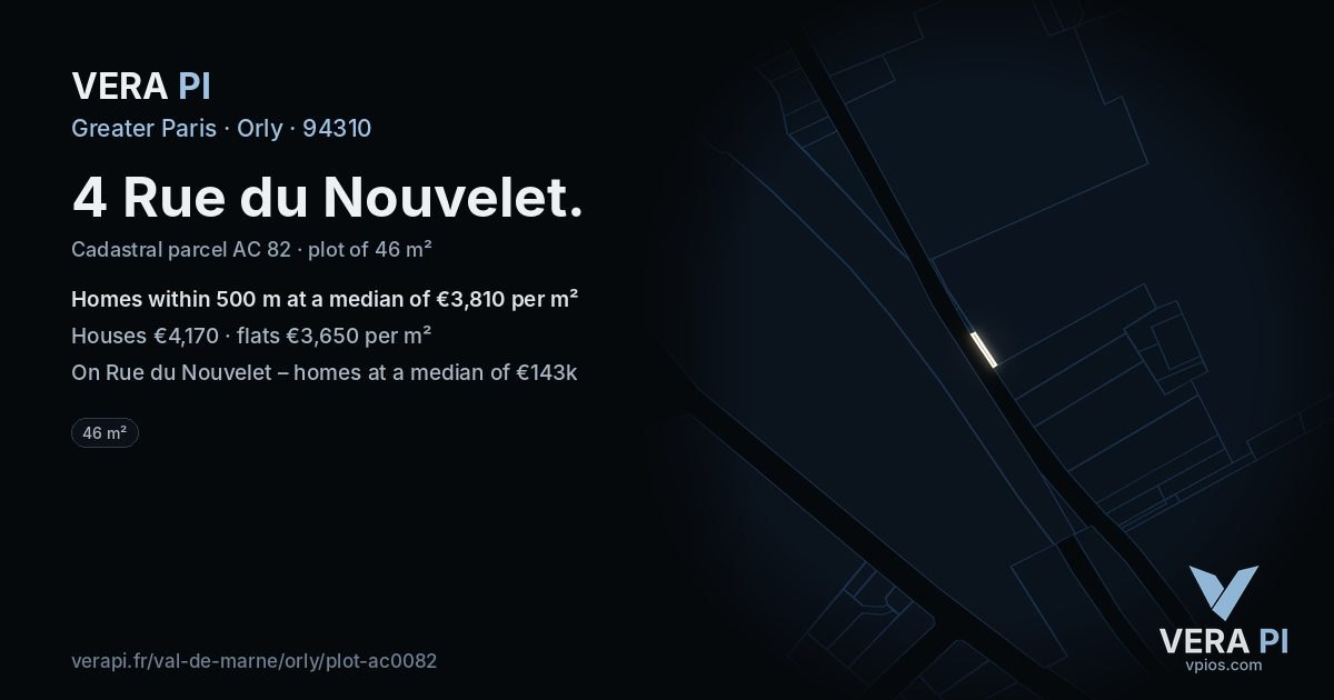 4 Rue du Nouvelet, Orly at night – the plot lit, the parcels around coloured by the prices near them