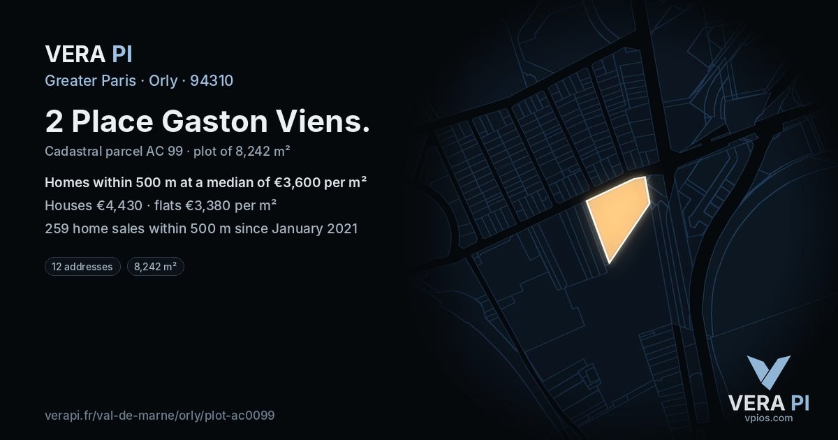 2 Place Gaston Viens, Orly at night – the plot lit, the parcels around coloured by the prices near them
