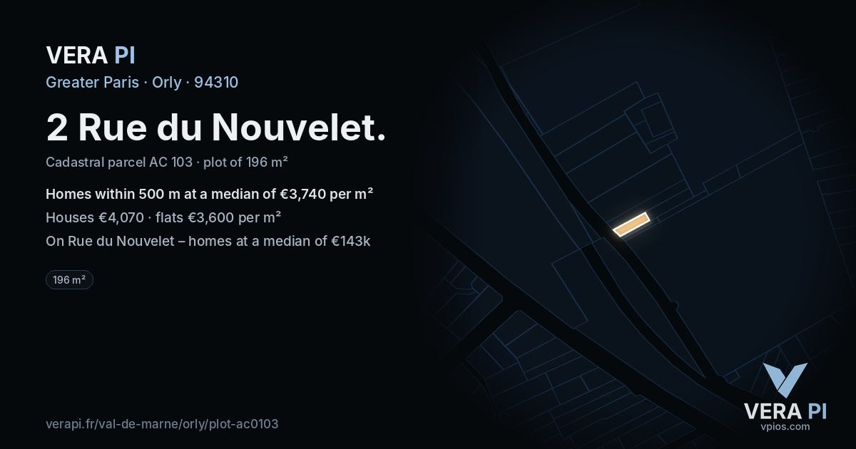 2 Rue du Nouvelet, Orly at night – the plot lit, the parcels around coloured by the prices near them