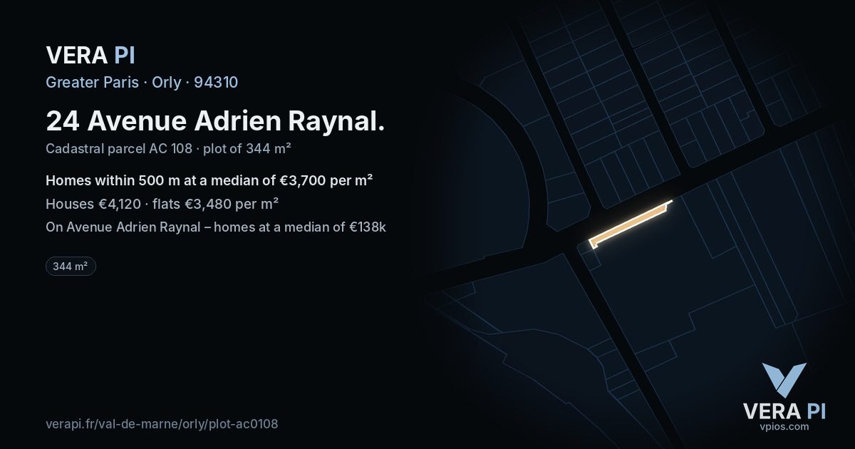 24 Avenue Adrien Raynal, Orly at night – the plot lit, the parcels around coloured by the prices near them
