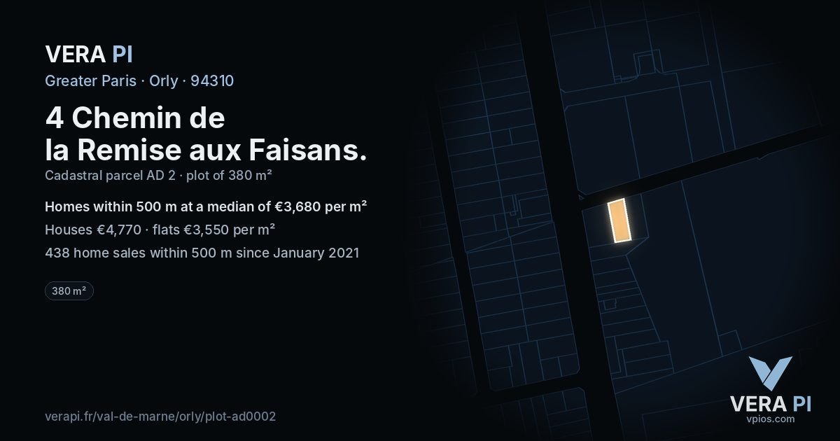 4 Chemin de la Remise aux Faisans, Orly at night – the plot lit, the parcels around coloured by the prices near them