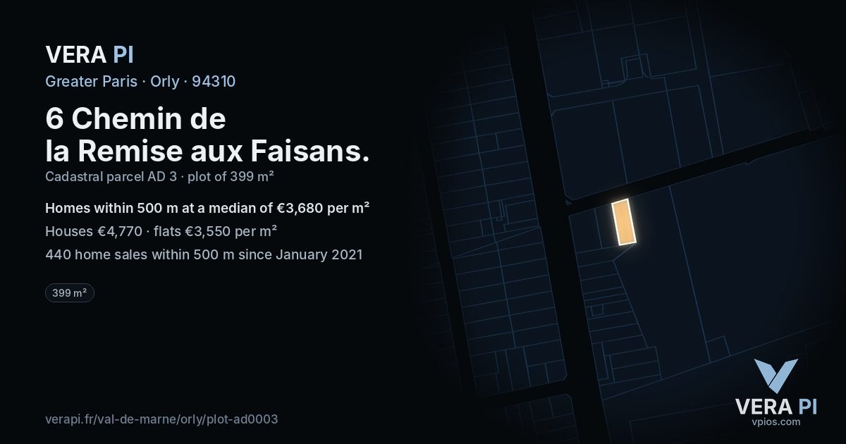 6 Chemin de la Remise aux Faisans, Orly at night – the plot lit, the parcels around coloured by the prices near them