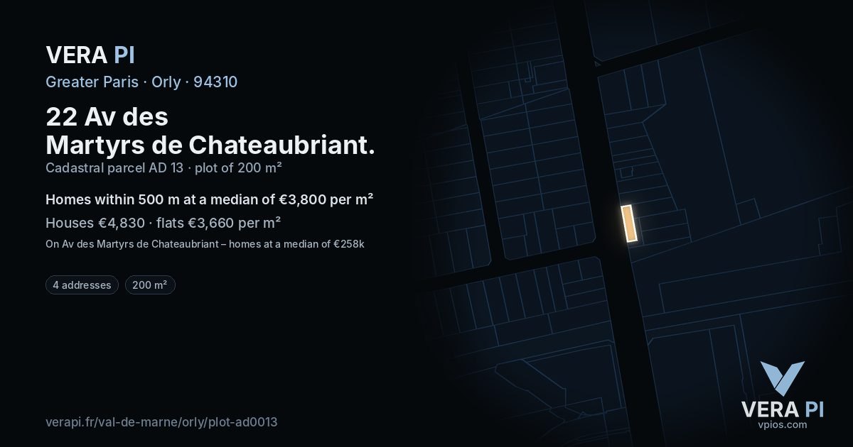 22 Av des Martyrs de Chateaubriant, Orly at night – the plot lit, the parcels around coloured by the prices near them