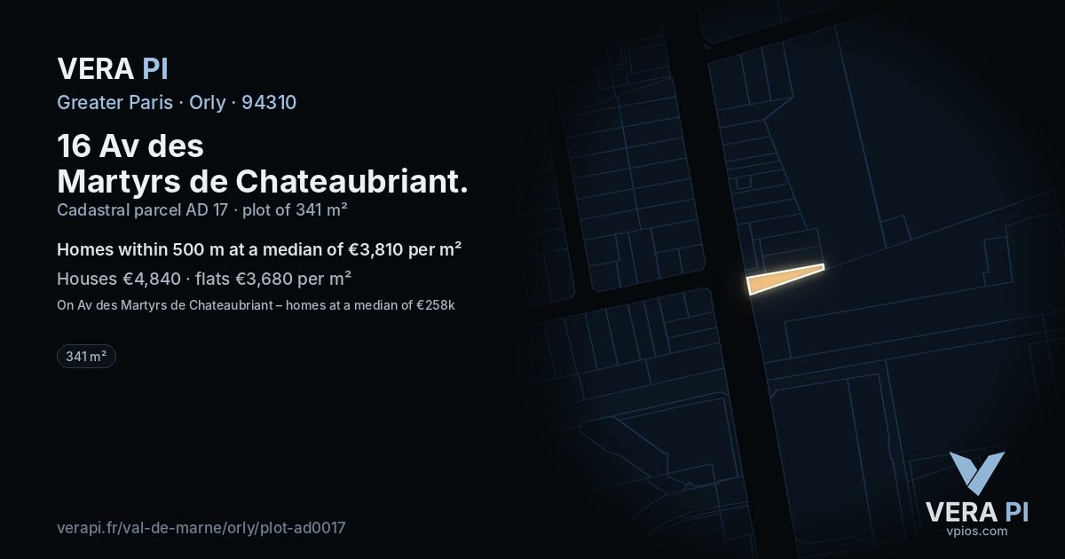 16 Av des Martyrs de Chateaubriant, Orly at night – the plot lit, the parcels around coloured by the prices near them
