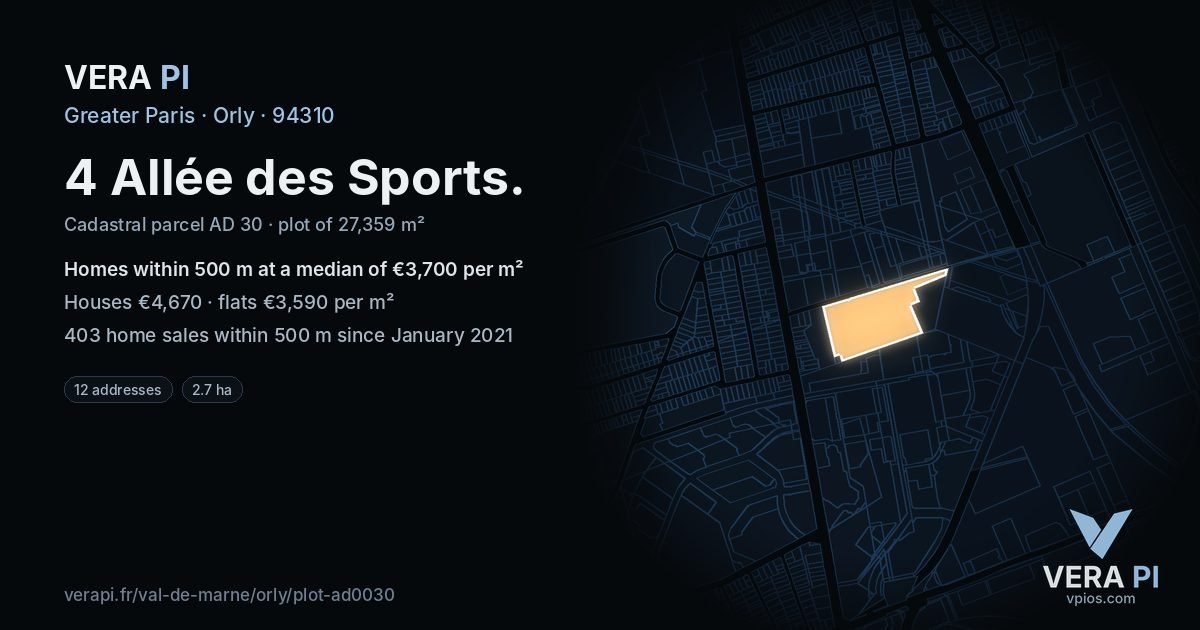 4 Allée des Sports, Orly at night – the plot lit, the parcels around coloured by the prices near them