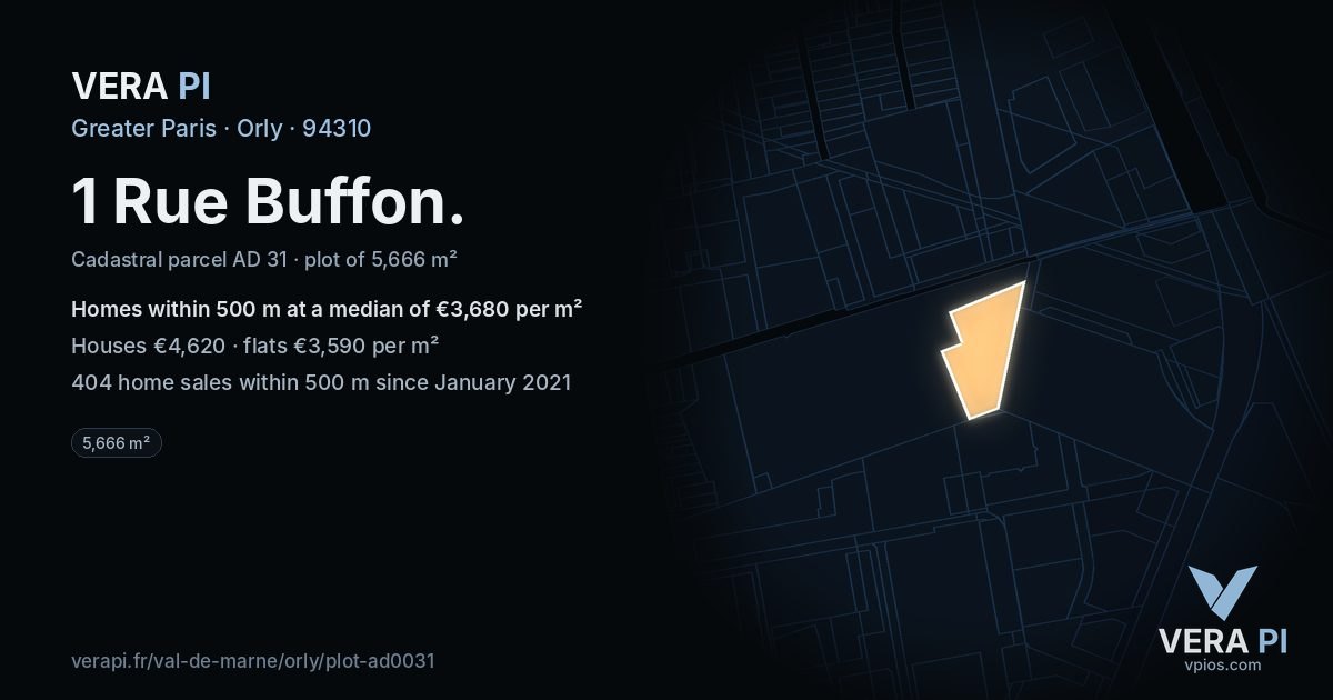 1 Rue Buffon, Orly at night – the plot lit, the parcels around coloured by the prices near them