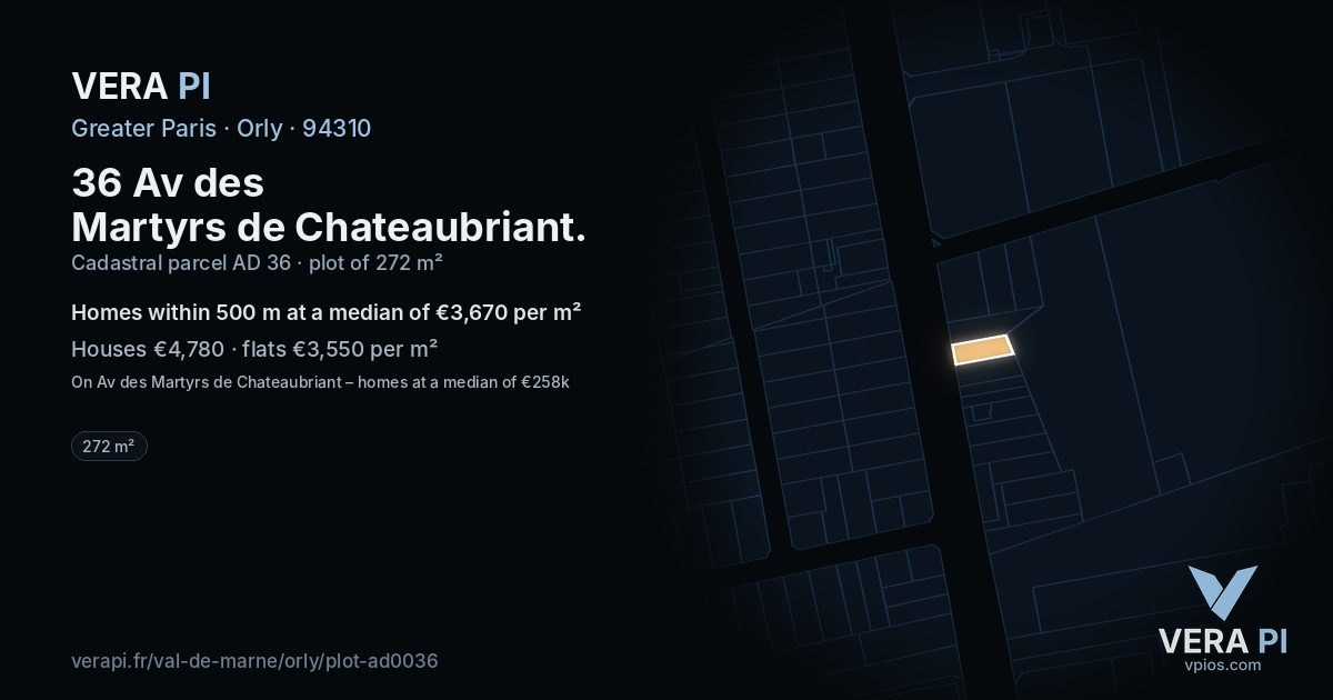 36 Av des Martyrs de Chateaubriant, Orly at night – the plot lit, the parcels around coloured by the prices near them
