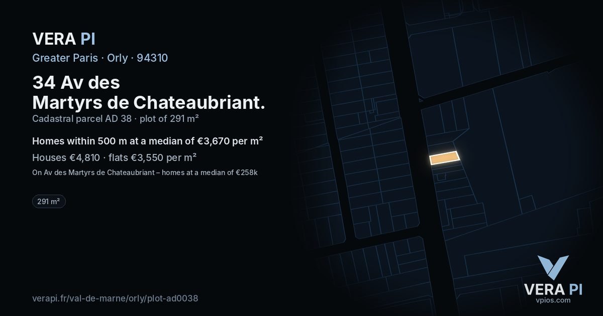 34 Av des Martyrs de Chateaubriant, Orly at night – the plot lit, the parcels around coloured by the prices near them
