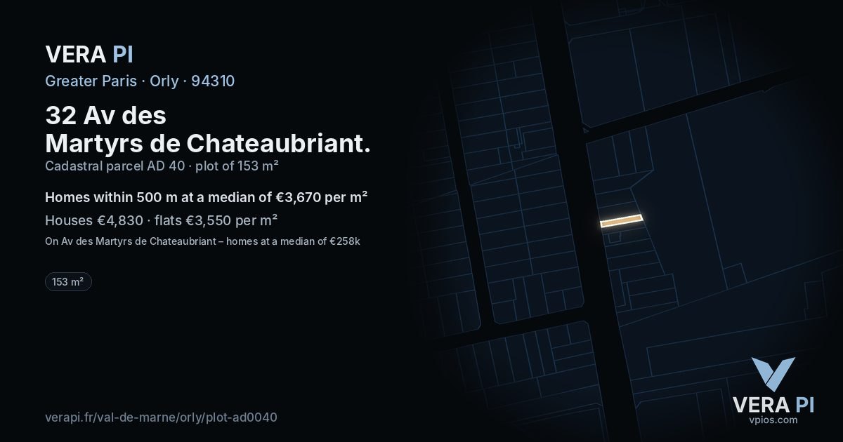 32 Av des Martyrs de Chateaubriant, Orly at night – the plot lit, the parcels around coloured by the prices near them