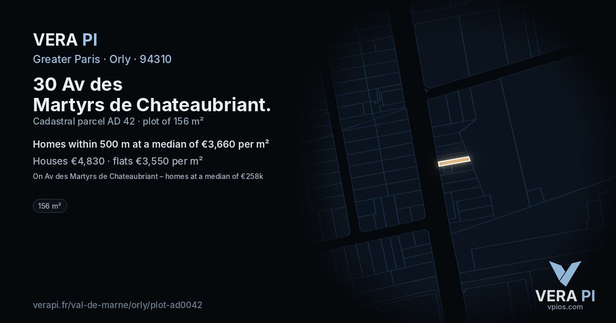 30 Av des Martyrs de Chateaubriant, Orly at night – the plot lit, the parcels around coloured by the prices near them