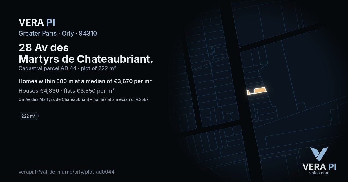 28 Av des Martyrs de Chateaubriant, Orly at night – the plot lit, the parcels around coloured by the prices near them