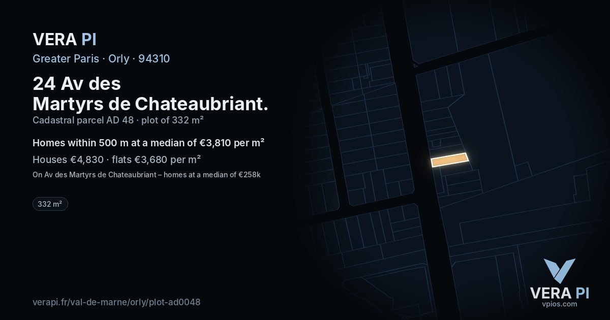 24 Av des Martyrs de Chateaubriant, Orly at night – the plot lit, the parcels around coloured by the prices near them