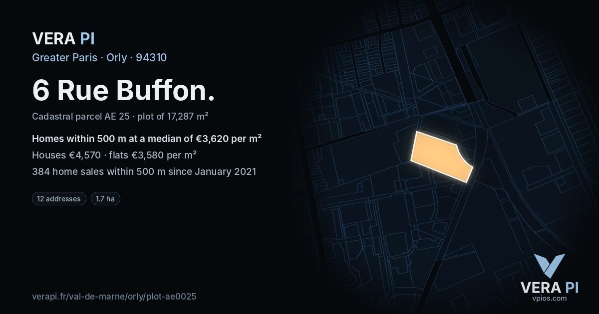 6 Rue Buffon, Orly at night – the plot lit, the parcels around coloured by the prices near them