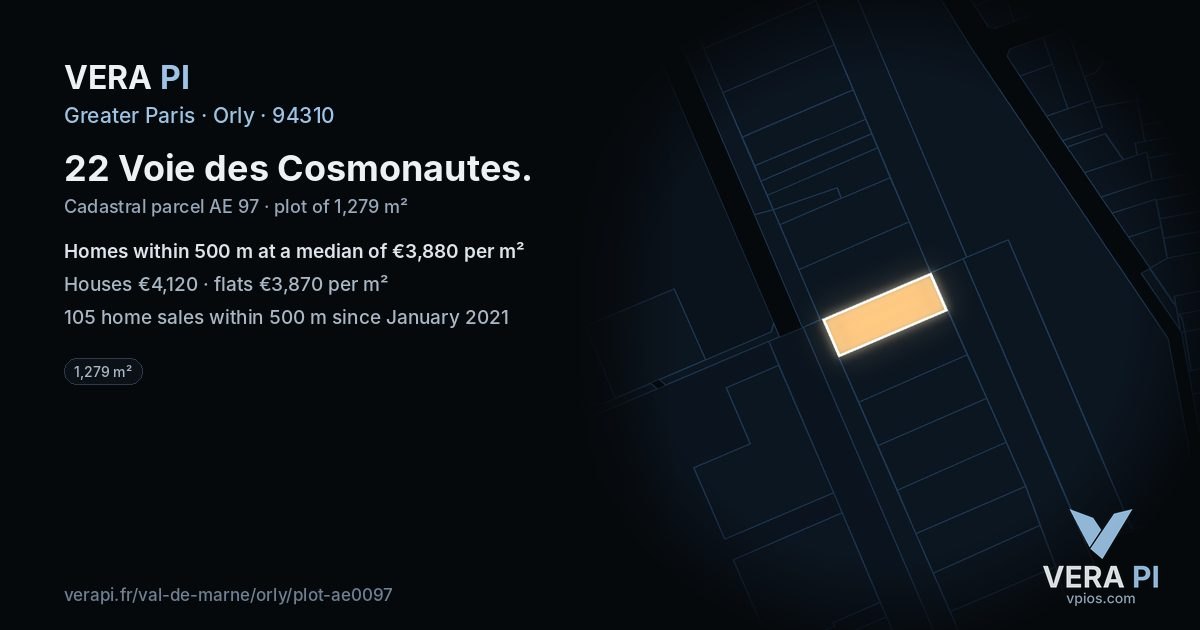 22 Voie des Cosmonautes, Orly at night – the plot lit, the parcels around coloured by the prices near them