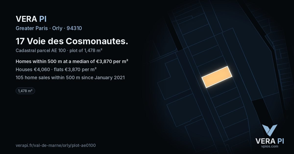 17 Voie des Cosmonautes, Orly at night – the plot lit, the parcels around coloured by the prices near them
