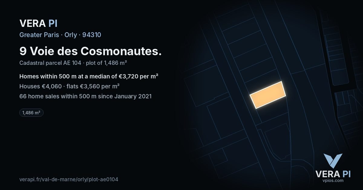 9 Voie des Cosmonautes, Orly at night – the plot lit, the parcels around coloured by the prices near them