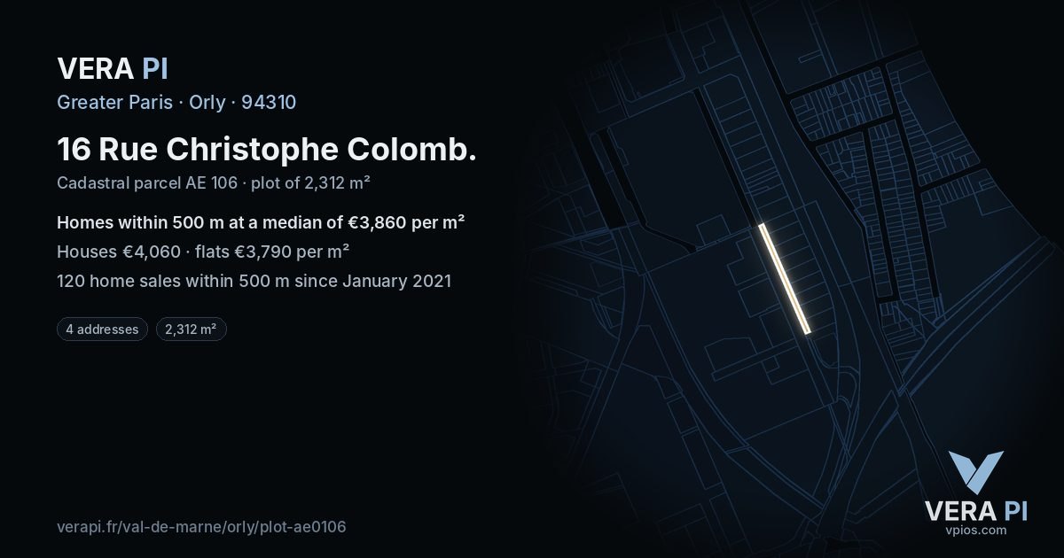 16 Rue Christophe Colomb, Orly at night – the plot lit, the parcels around coloured by the prices near them