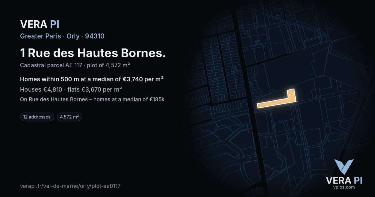 1 Rue des Hautes Bornes, Orly at night – the plot lit, the parcels around coloured by the prices near them