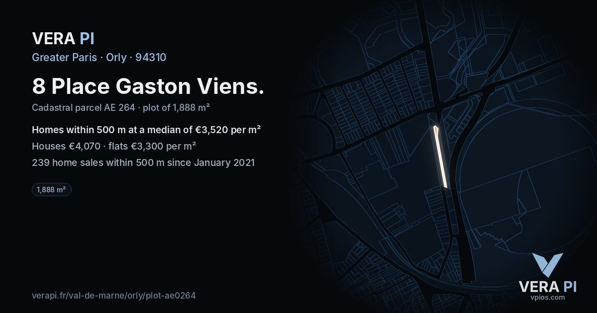 8 Place Gaston Viens, Orly at night – the plot lit, the parcels around coloured by the prices near them