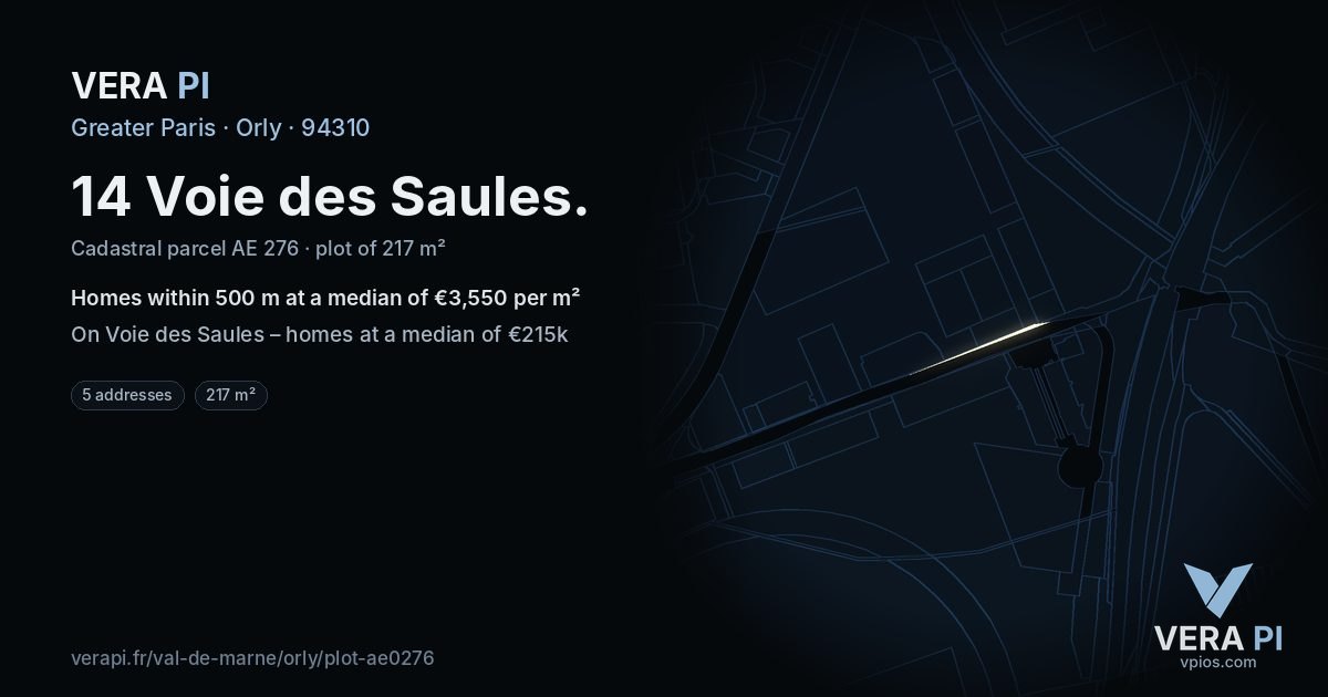 14 Voie des Saules, Orly at night – the plot lit, the parcels around coloured by the prices near them