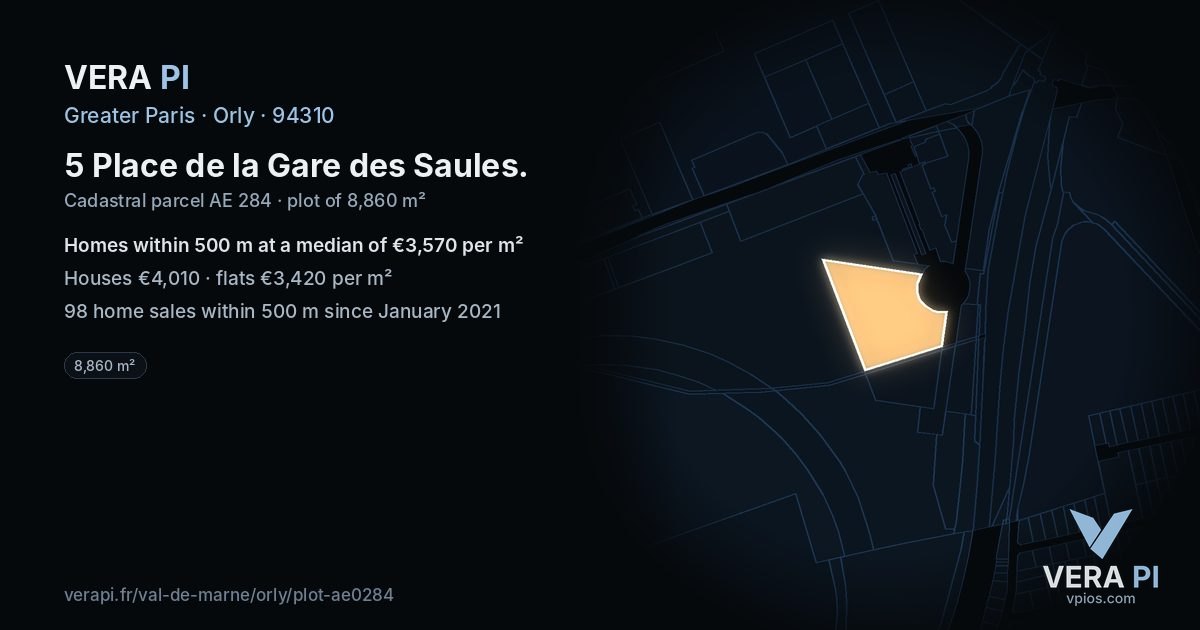 5 Place de la Gare des Saules, Orly at night – the plot lit, the parcels around coloured by the prices near them
